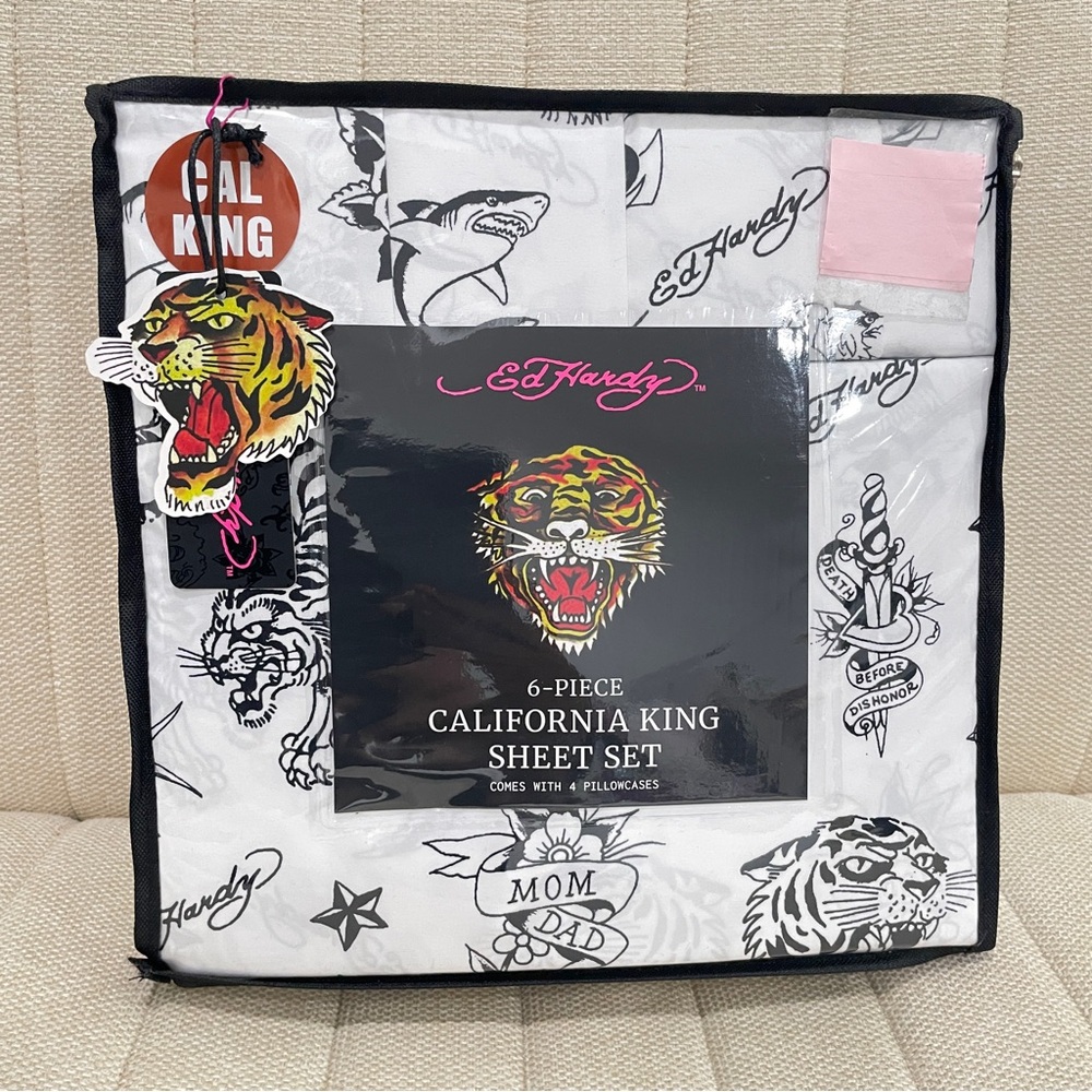 NEW Ed Hardy 6 Piece California King Sheet Set Tattoo Graphic Print White Black